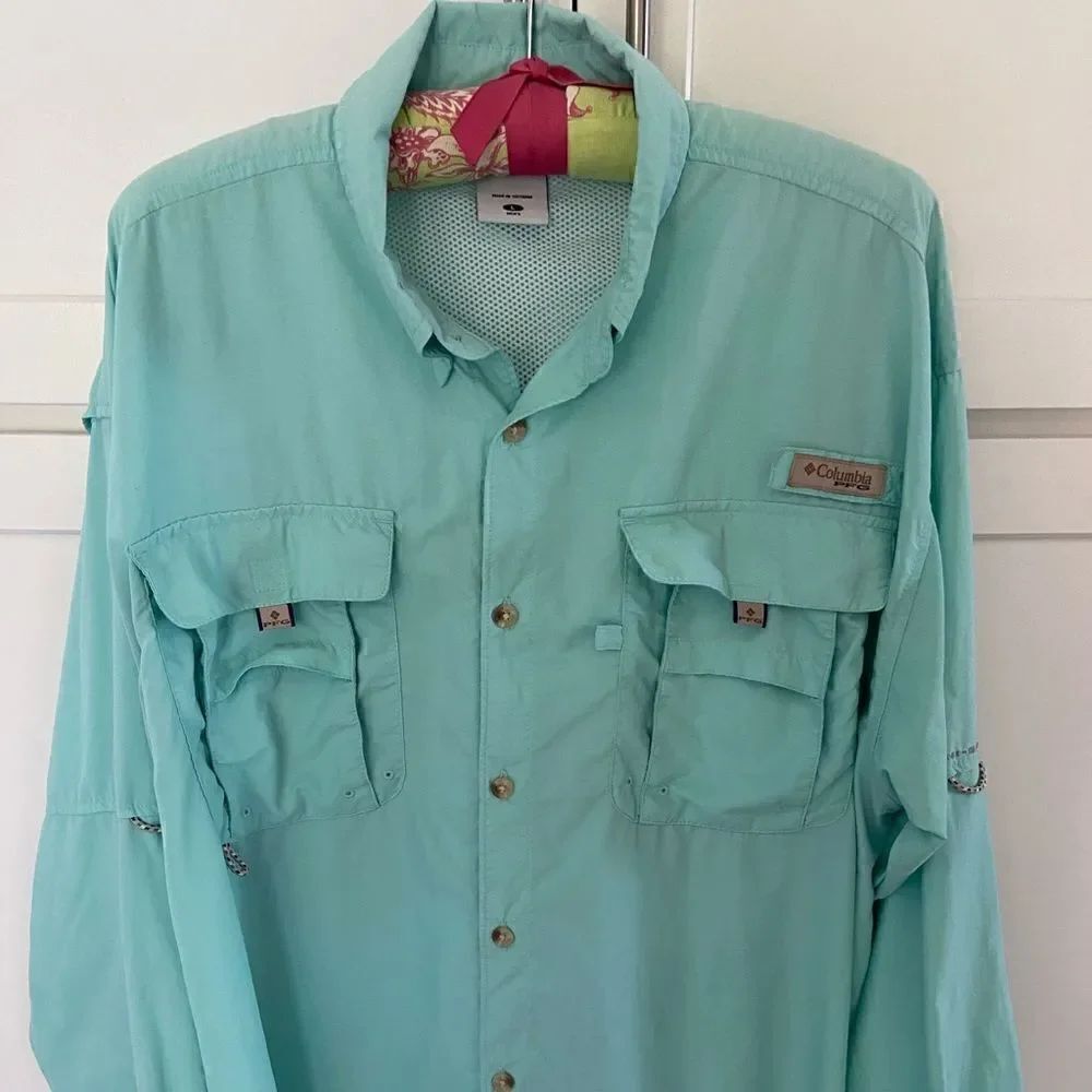 Columbia Mens PFG Button Down Shirt Fishing Vented Caped Long Sleeve Nylon Large